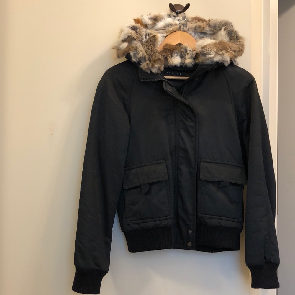 Theory/ Size S/ Black Jacket with rabbit fur hood